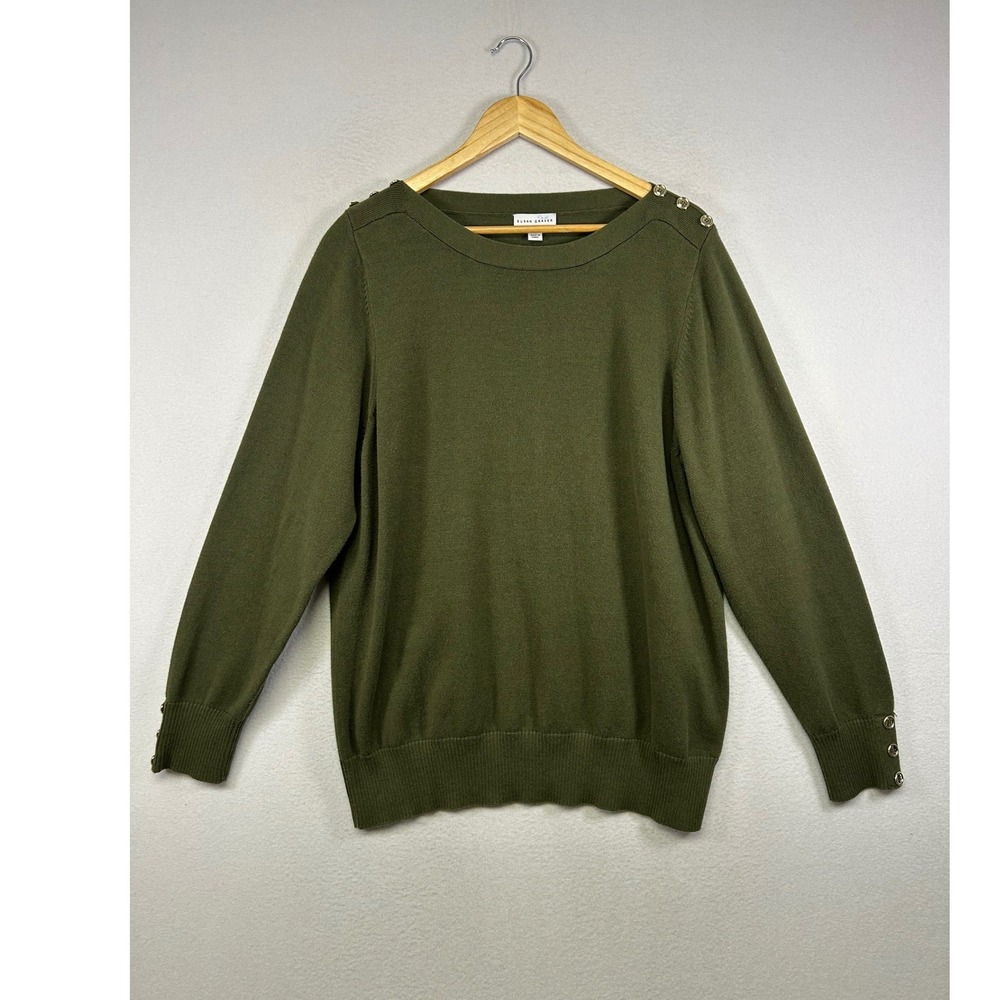 Dark Academia Susan Graver Women XL Olive Green Button Shoulder Pullover Sweater